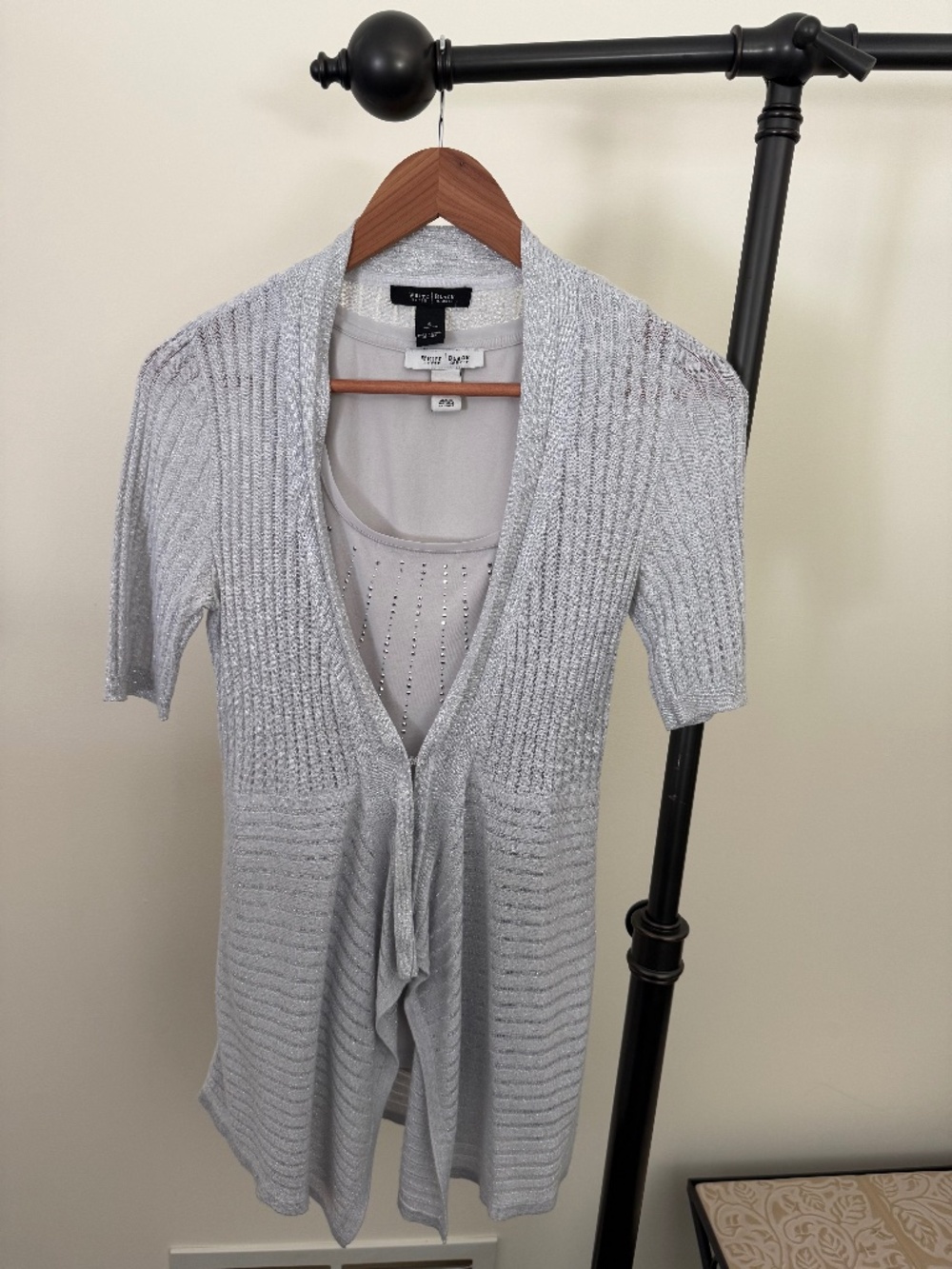 White House Black Market Metallic Silver Ribbed 2-Piece Cardigan & Camisole